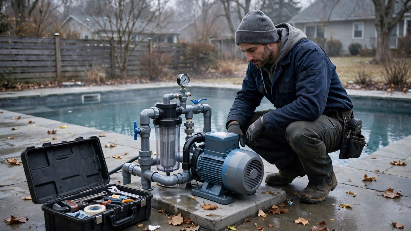 Pool technician inspecting equipment during a quiet winter day