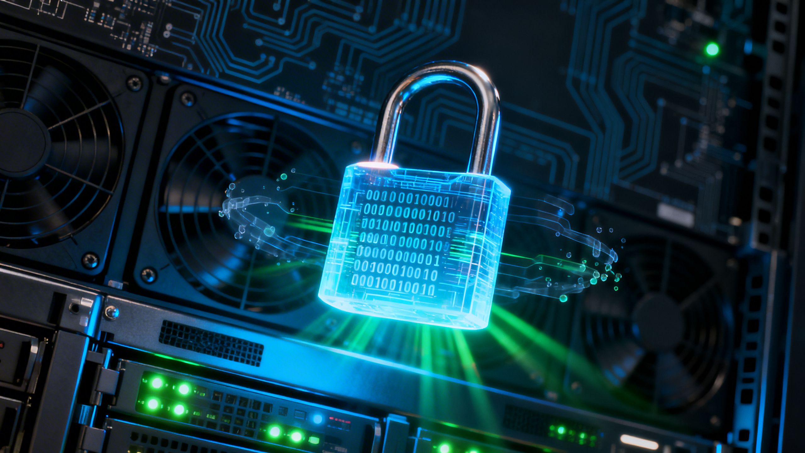 A digital padlock glowing on a computer server rack, symbolizing robust AI safety and data security.
