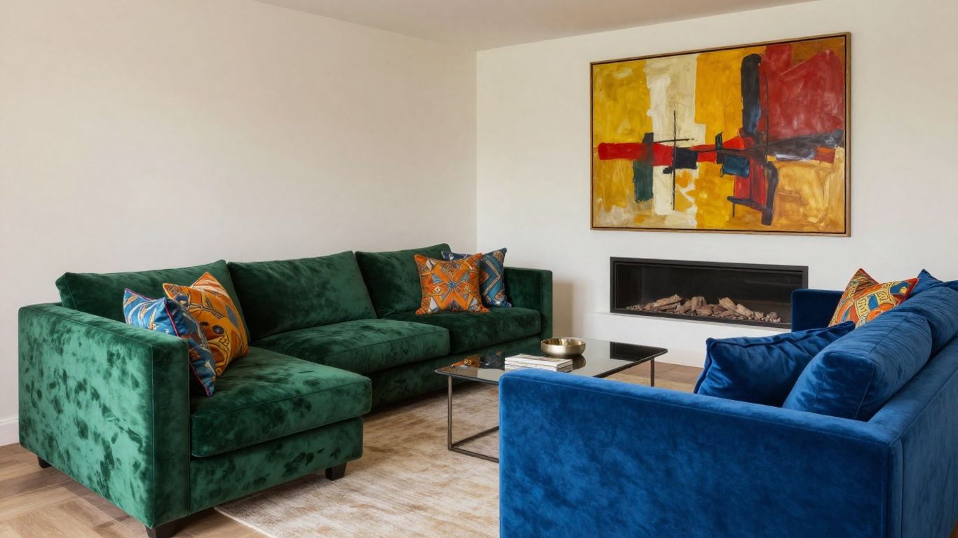 Living room with rich hues and bold colors.