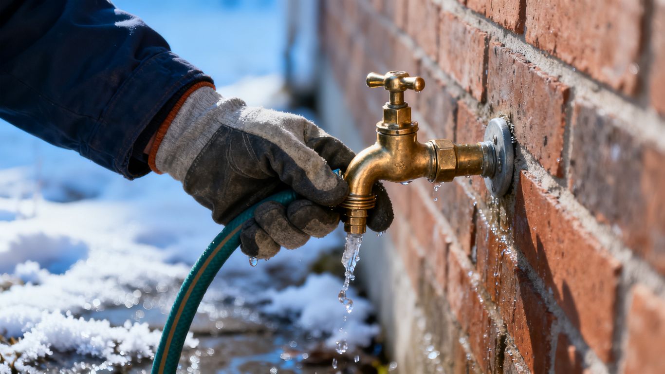Connecting a hose to an outdoor spigot after winter.