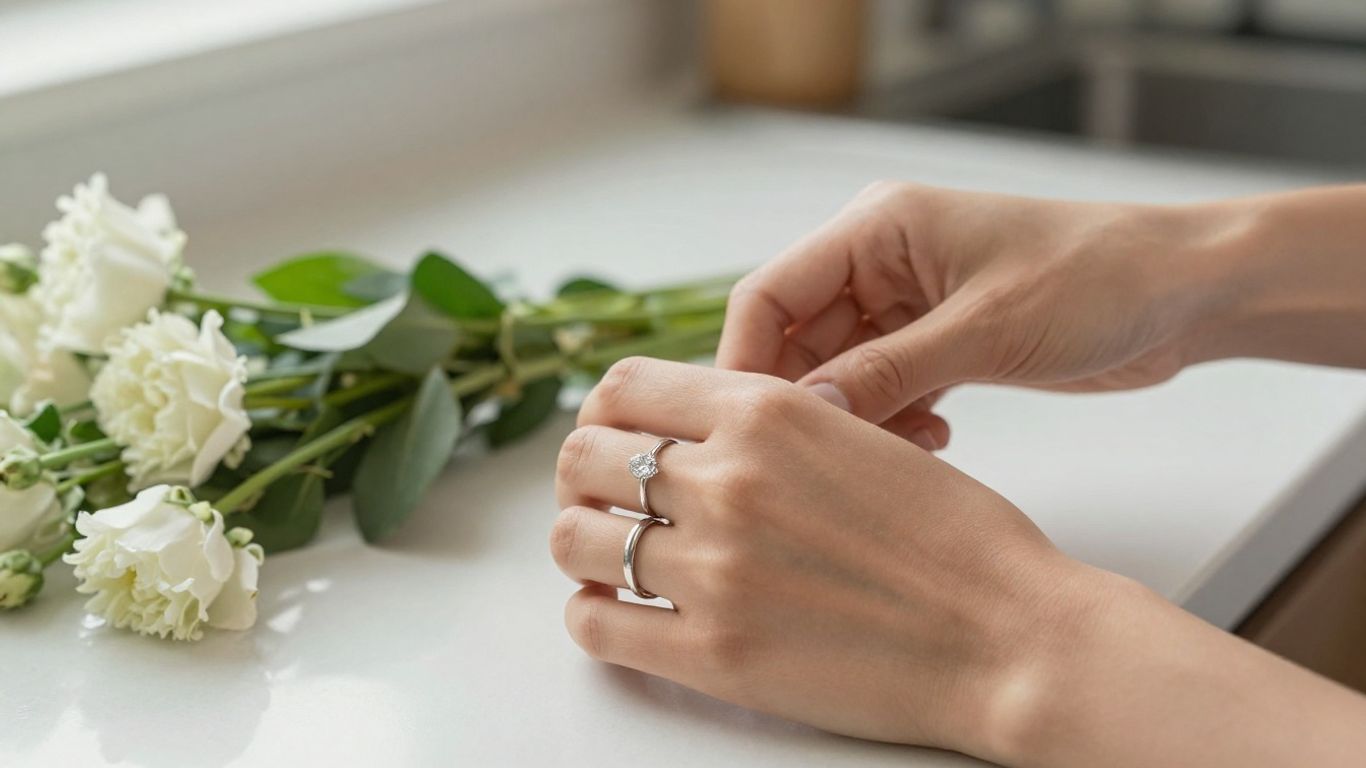 Woman wearing a low profile solitaire ring