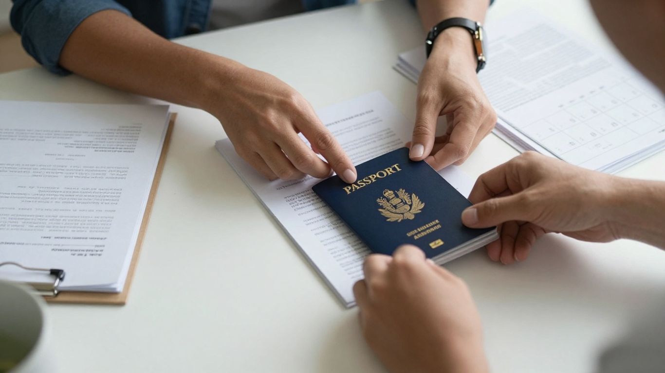 Persona organizando documentos migratorios antes de una audiencia