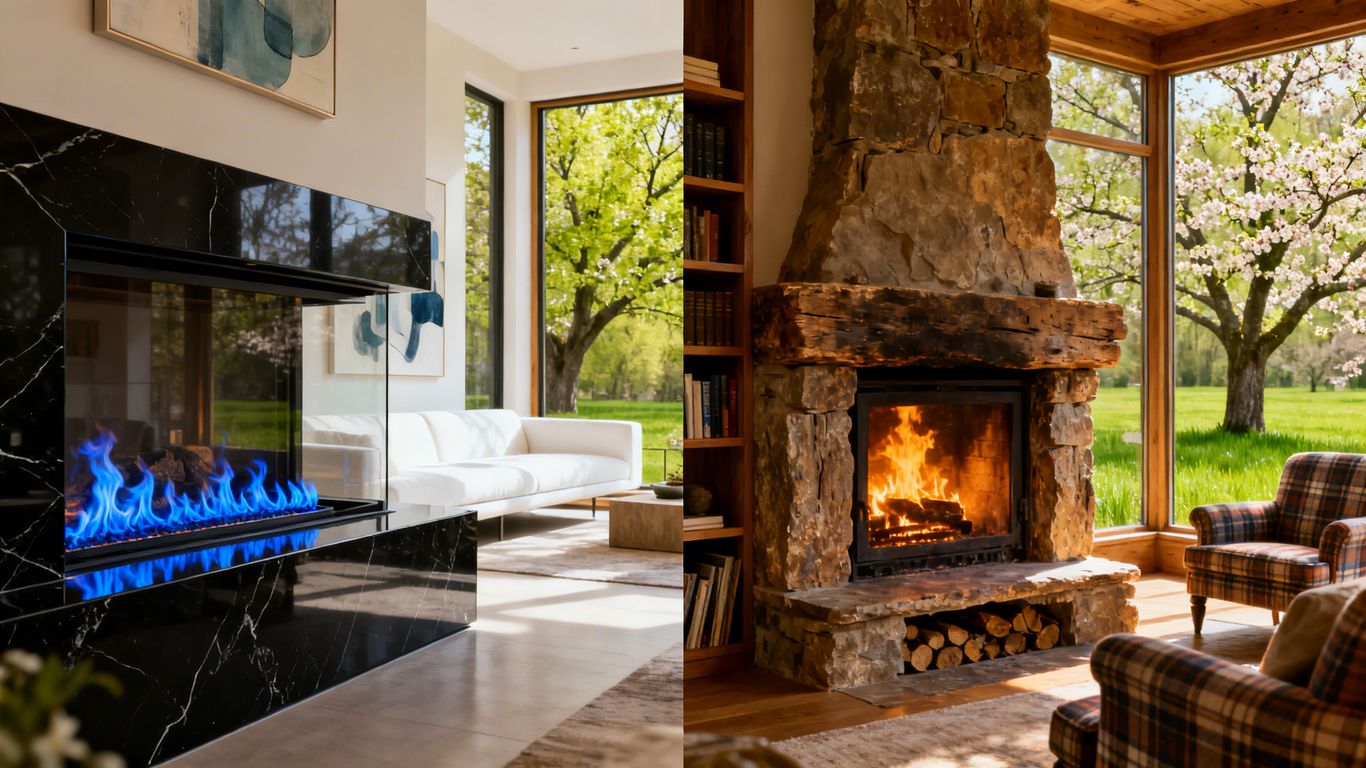 Gas and wood fireplaces side-by-side.