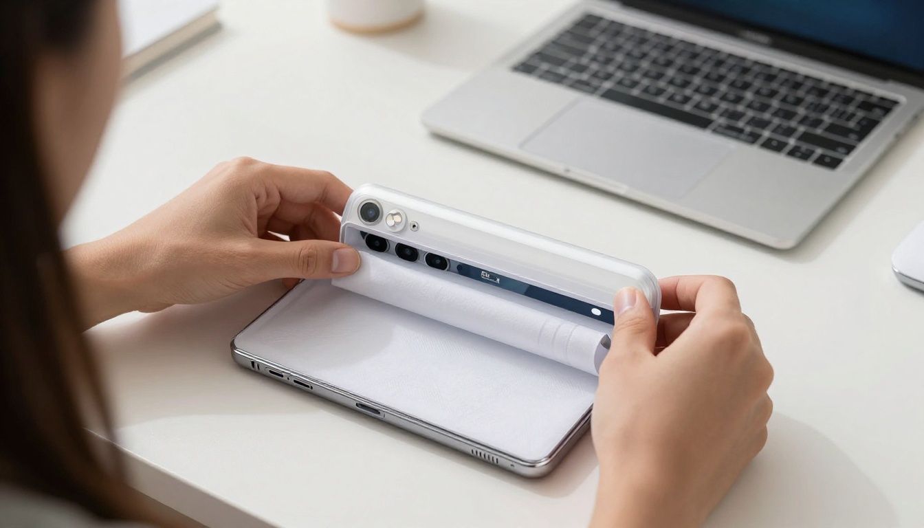 A person carefully placing their Galaxy S25 Edge into a protective case, with a clean, modern desk in the background.