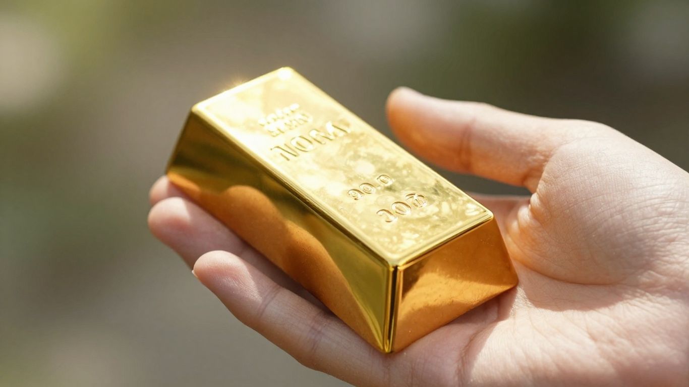 Main d'or tenant une barre d'or brillante.