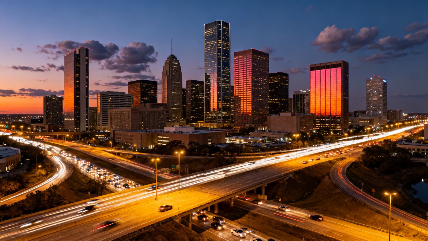 Houston cityscape at dusk with illuminated skyscrapers and roads.