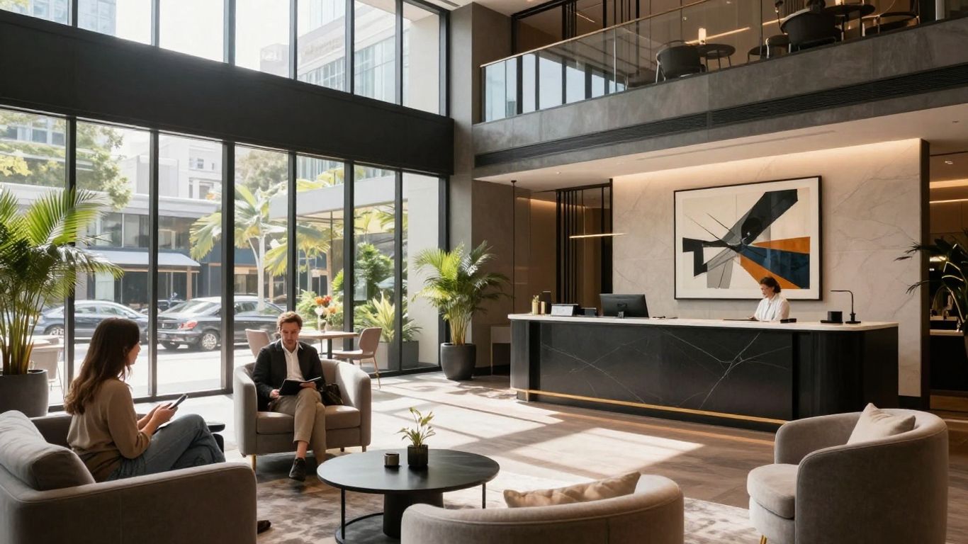 Modern hotel lobby with sunlight and comfortable seating.