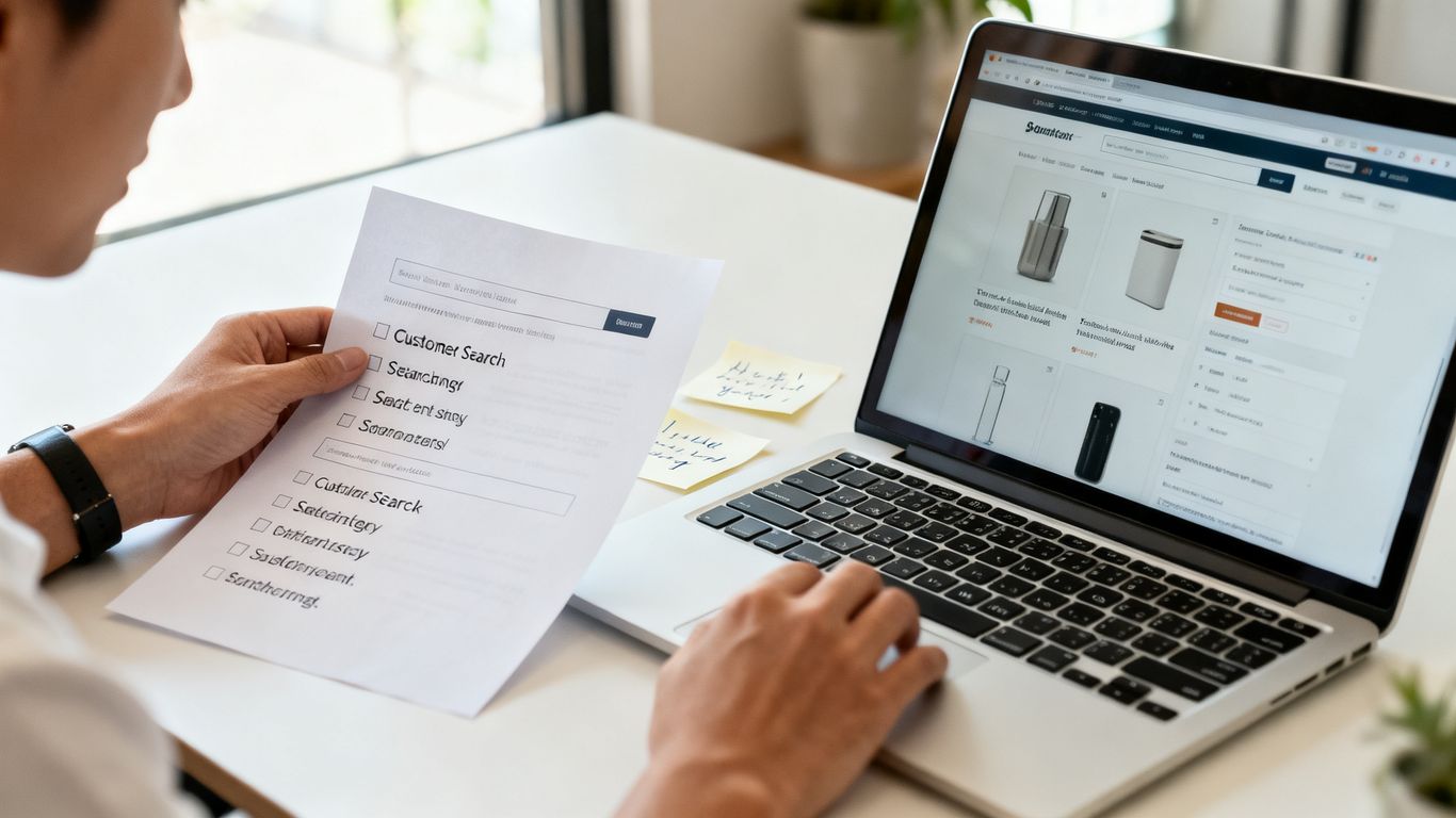 Seller reviewing shopper search phrases beside a product page