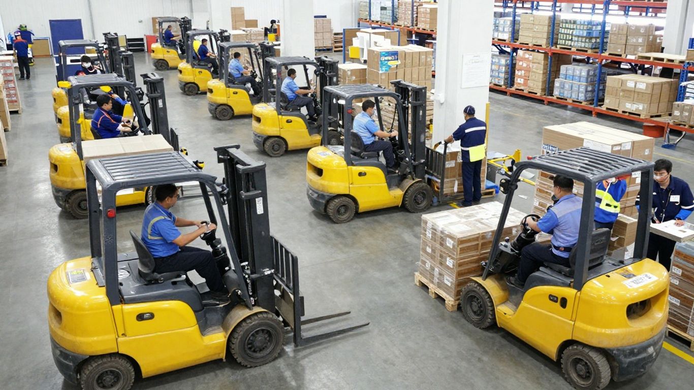 Distribution center operations with teams and forklifts.