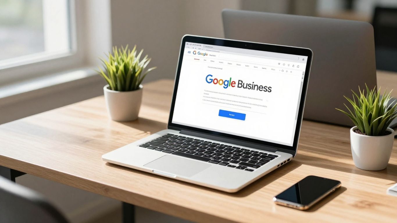 Wizytówka Google na laptopie w nowoczesnym biurze.