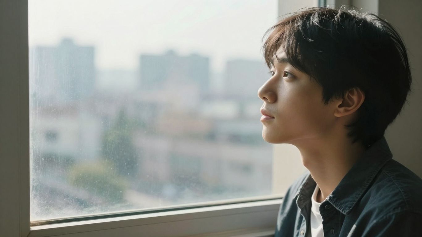 Young person looking out window, contemplating future.