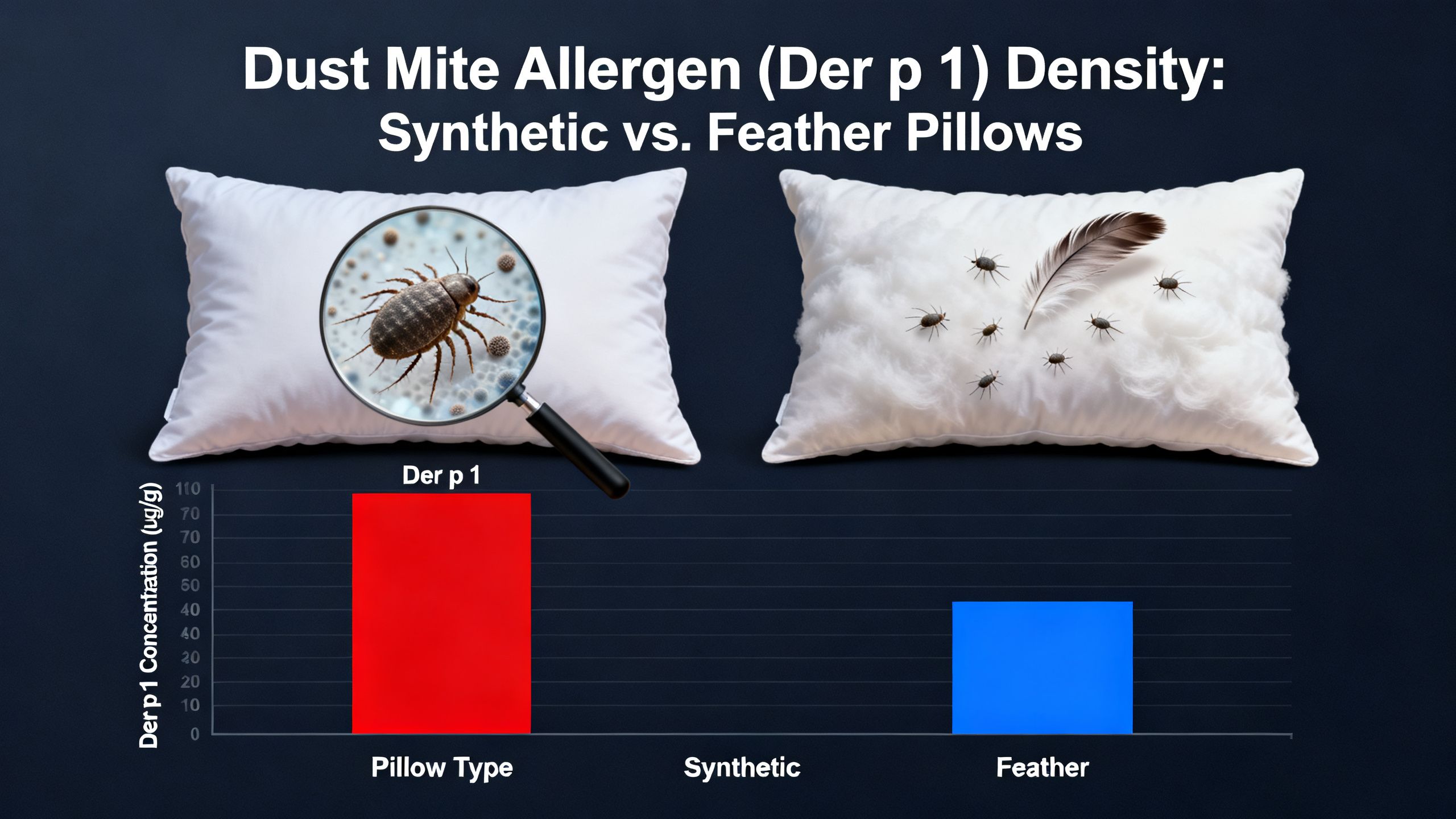 An infographic comparing the density of dust mite allergens (Der p 1) in synthetic vs. feather pillows, showing a much higher concentration in the synthetic pillow.