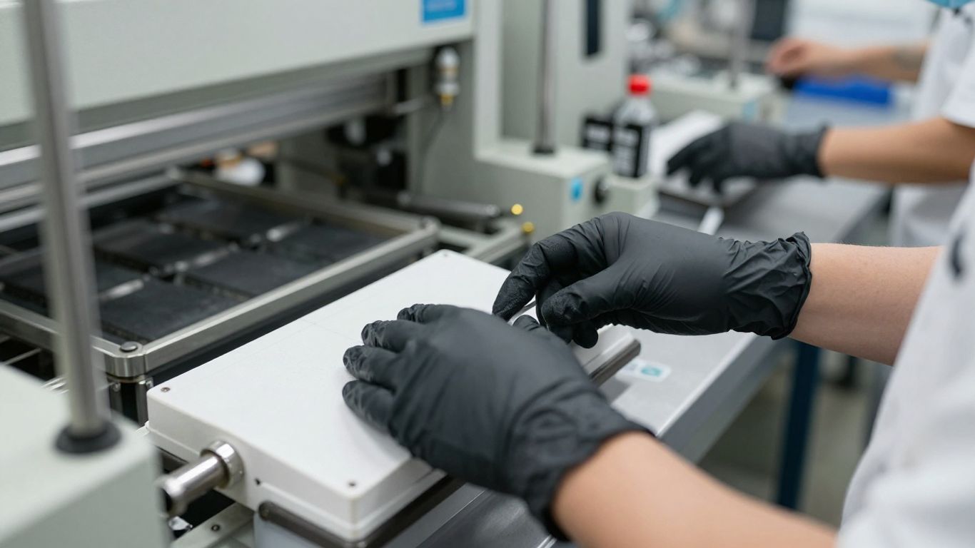 Ein professioneller Arbeiter trägt schwarze Nitrilhandschuhe