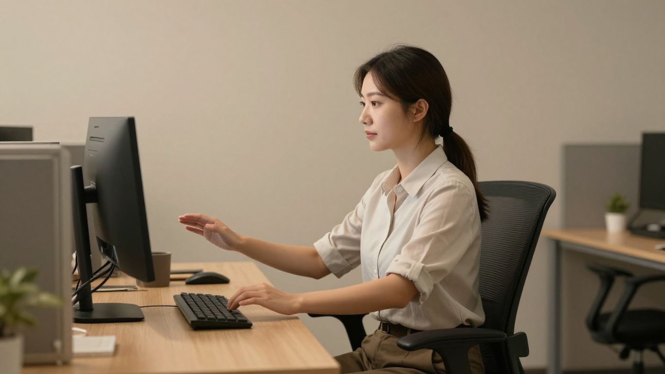 Desk worker performing gentle spinal mobility