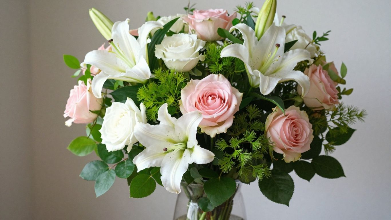 Nature's Charm Bouquet with roses and lilies.