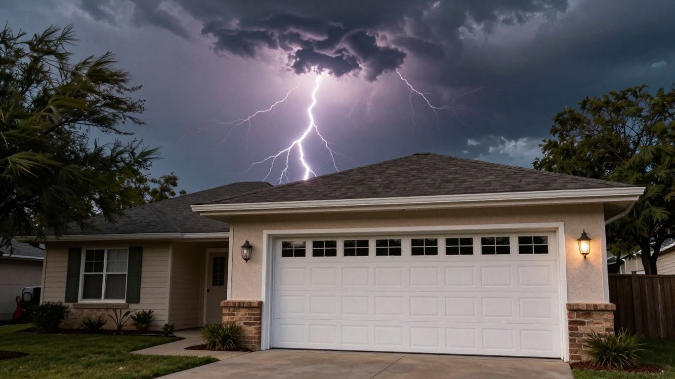 Stormy Texas sky over a secure garage door.
