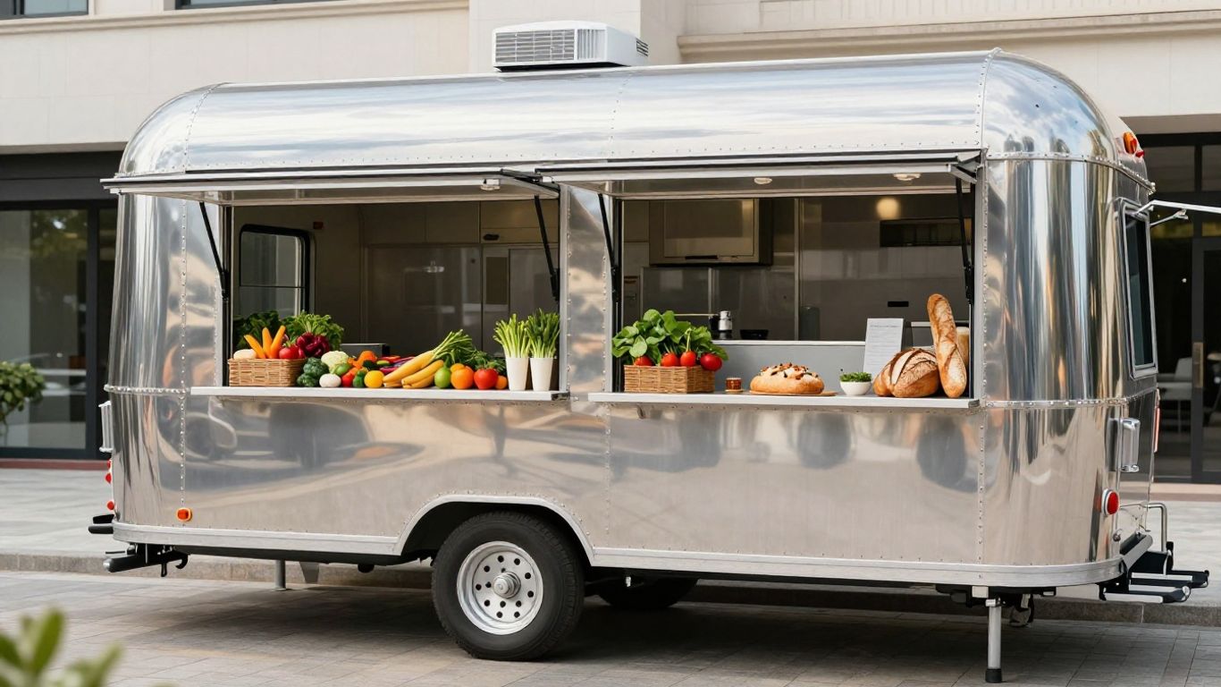 Shiny food trailer with fresh ingredients nearby.