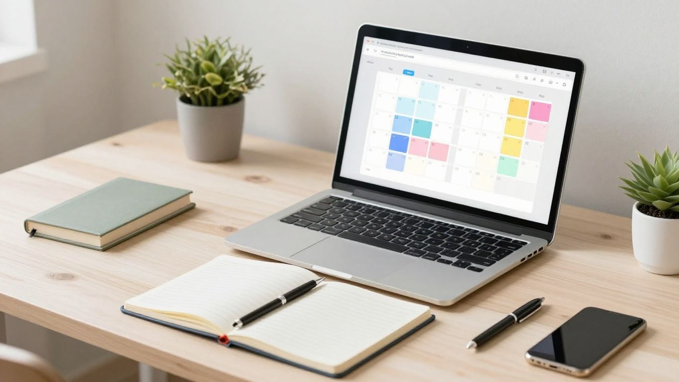 Desk with laptop showing a health content calendar.