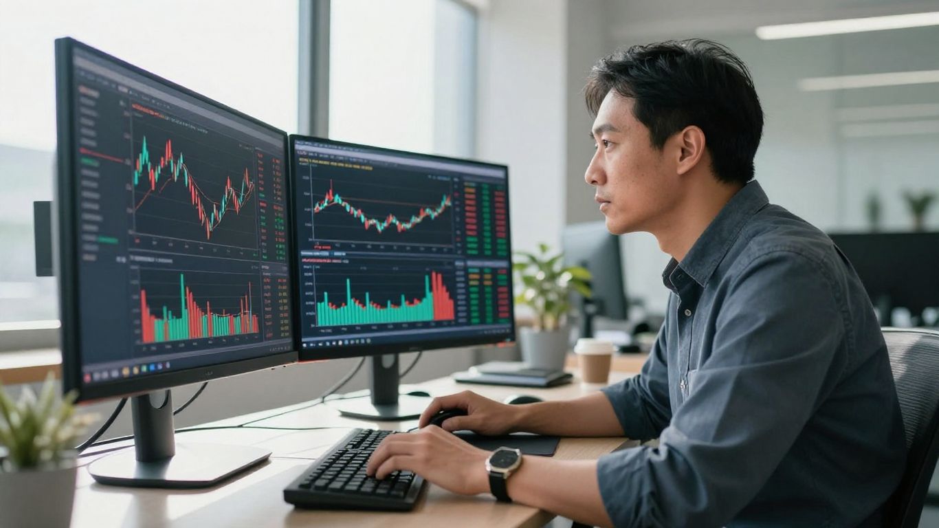 Forex trader focused on financial data on a monitor.