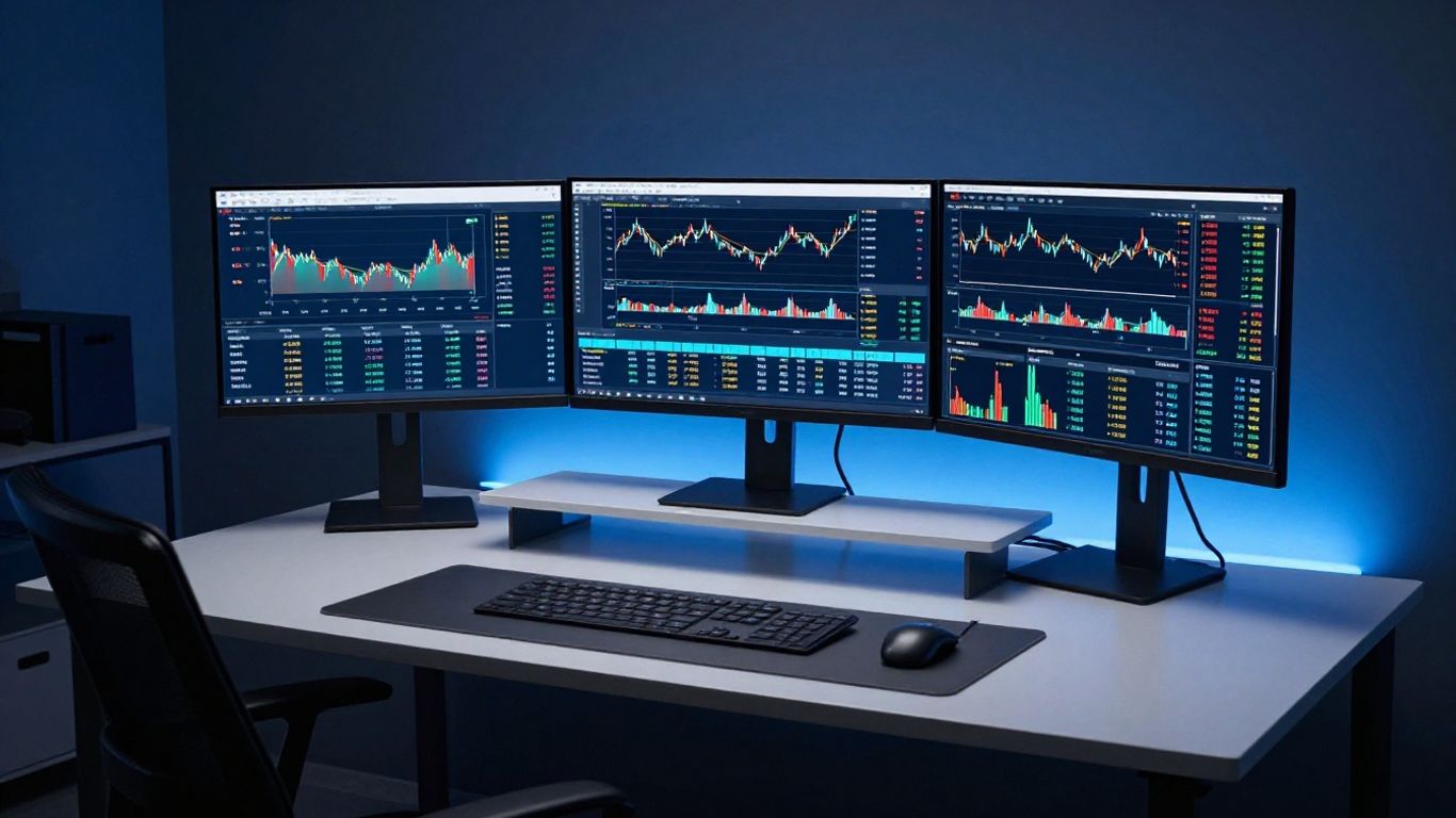 Advanced trading interface with multiple analytical monitor screens