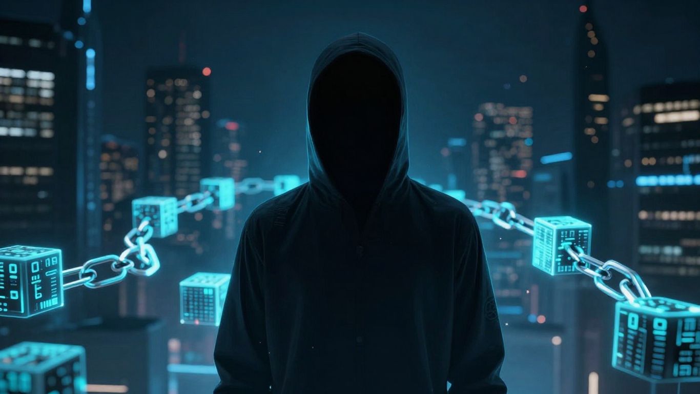 Anonymous figure and glowing blockchain.