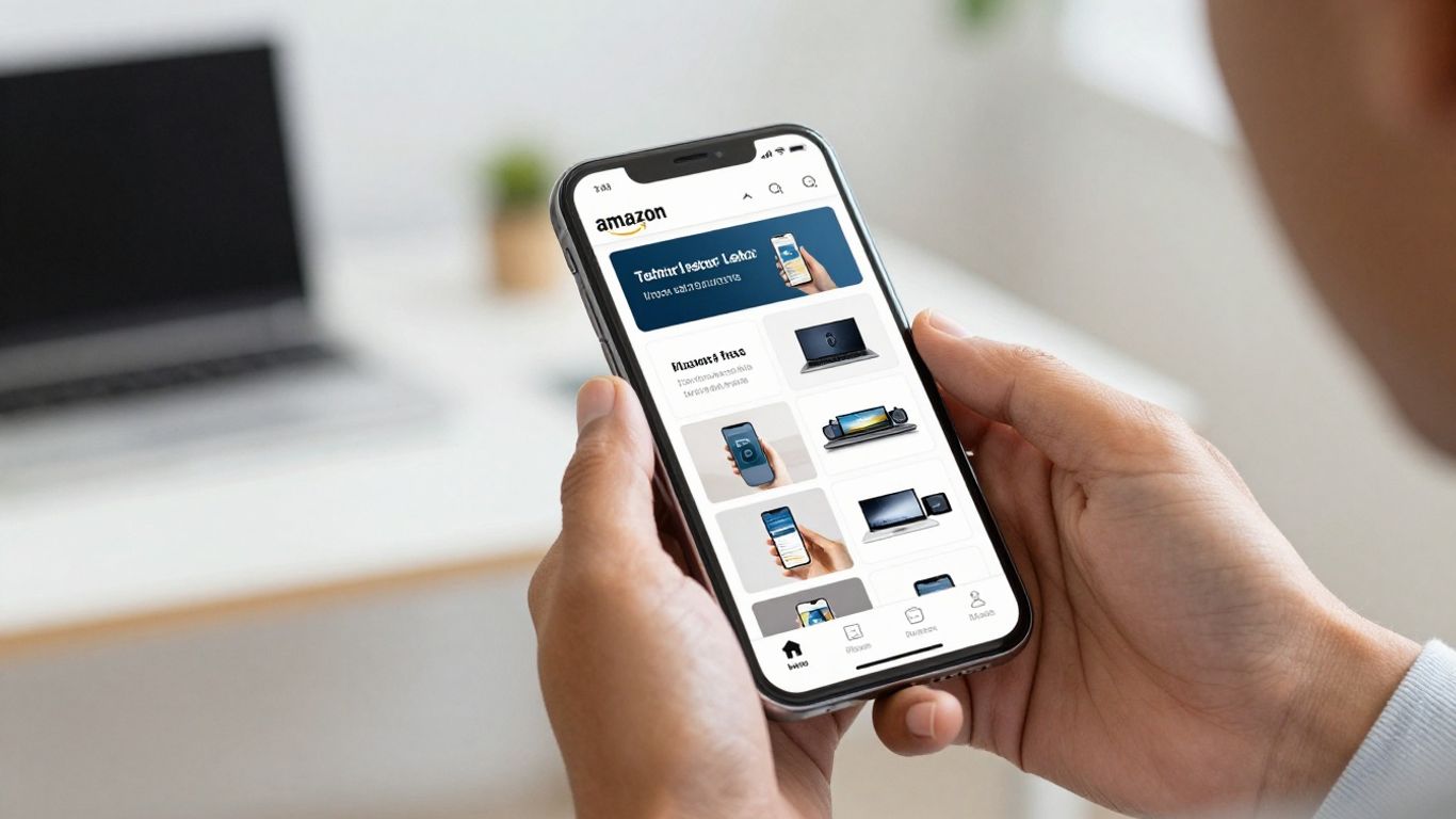 Hands holding a smartphone with Amazon PPC data.