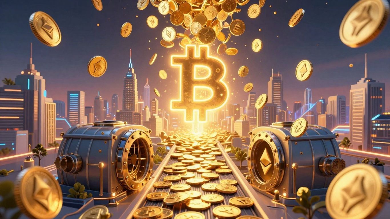 Cryptocurrency symbols rising towards a city skyline.