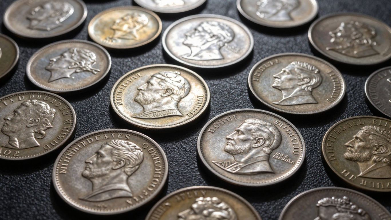 Exonumia coins and tokens displayed for sale.