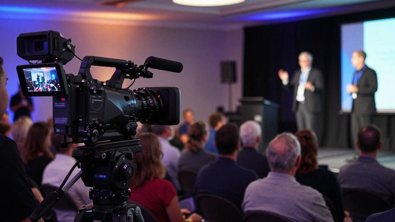 Event videographer filming a lively conference