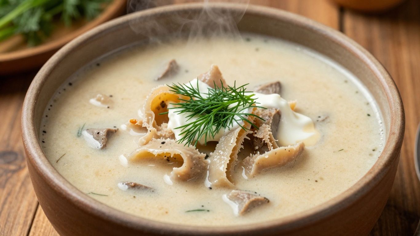 Bowl of Romanian tripe soup with dill and sour cream.