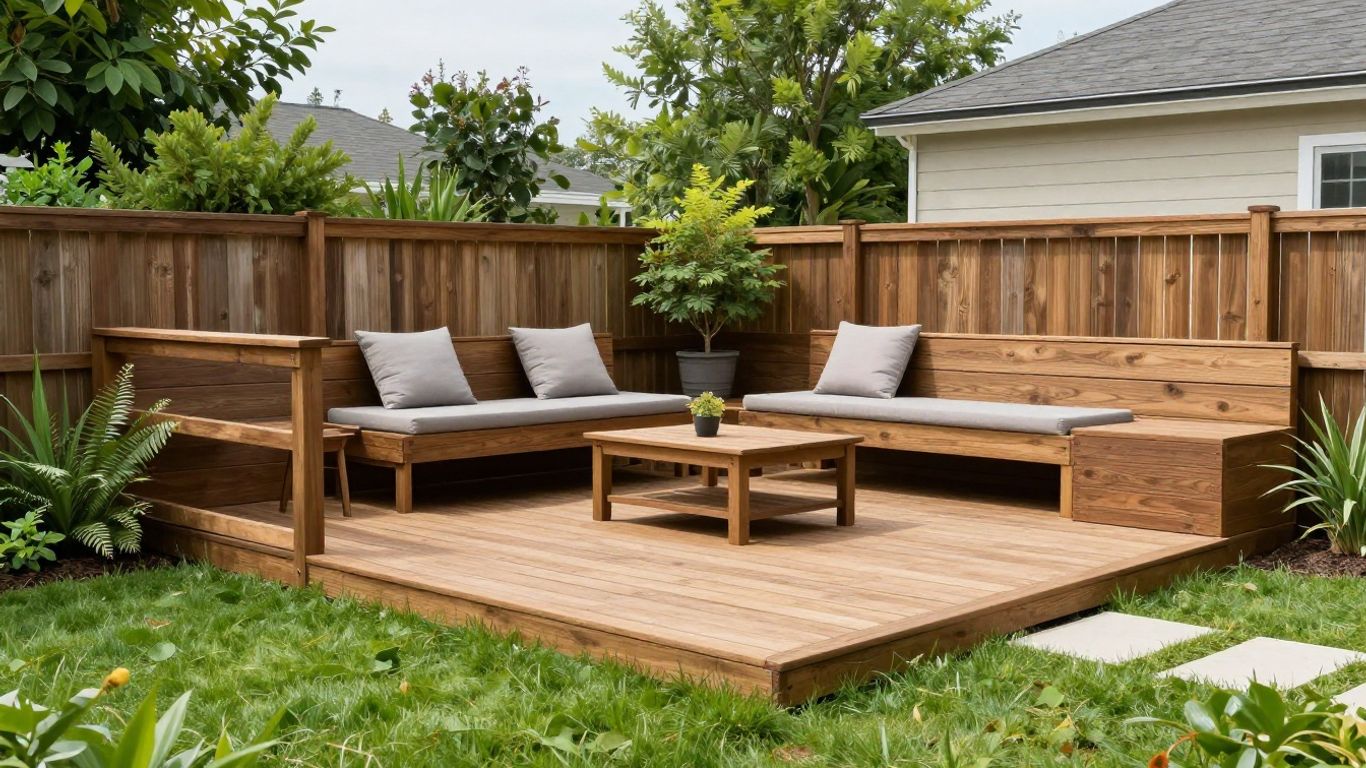Deck and fence construction in a sunny backyard.