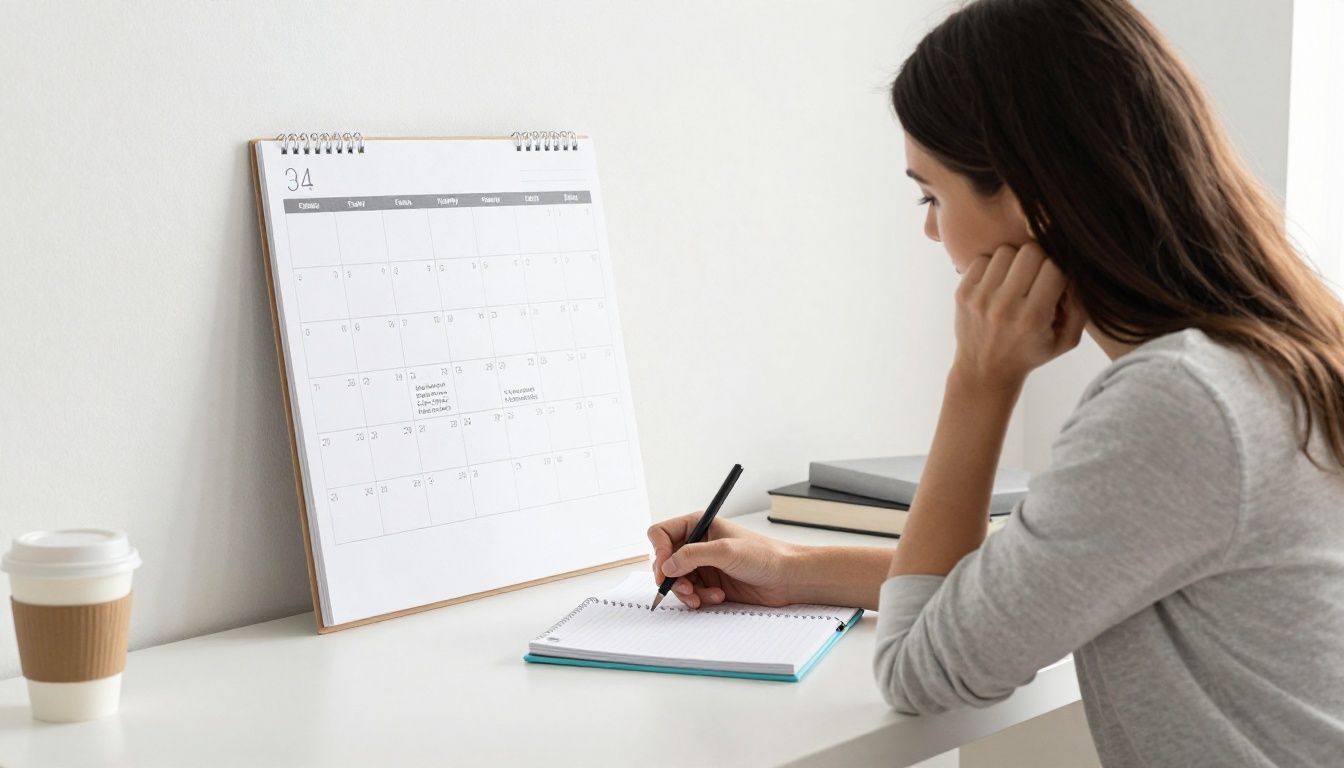 A determined mother sits at a clean desk with a cup of coffee, thoughtfully writing in a planner. The morning light streams in, illuminating a calendar on the wall where both family events and her personal goals are scheduled.