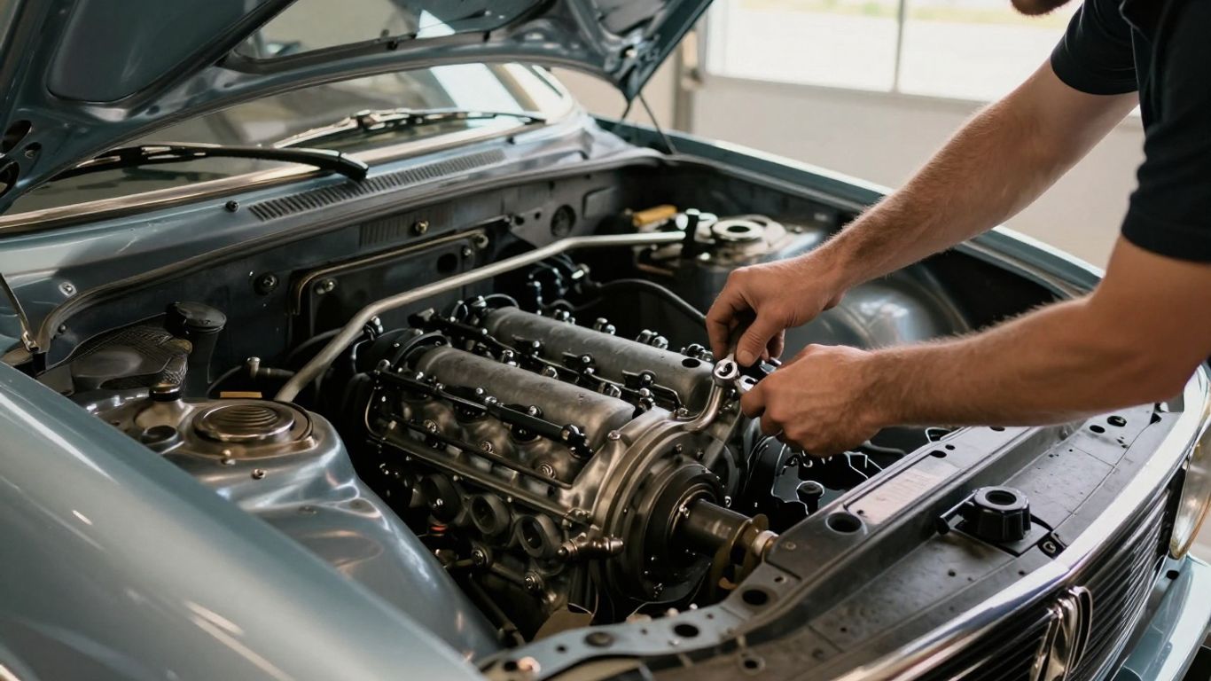 Engine bay maintenance on a classic six cylinder