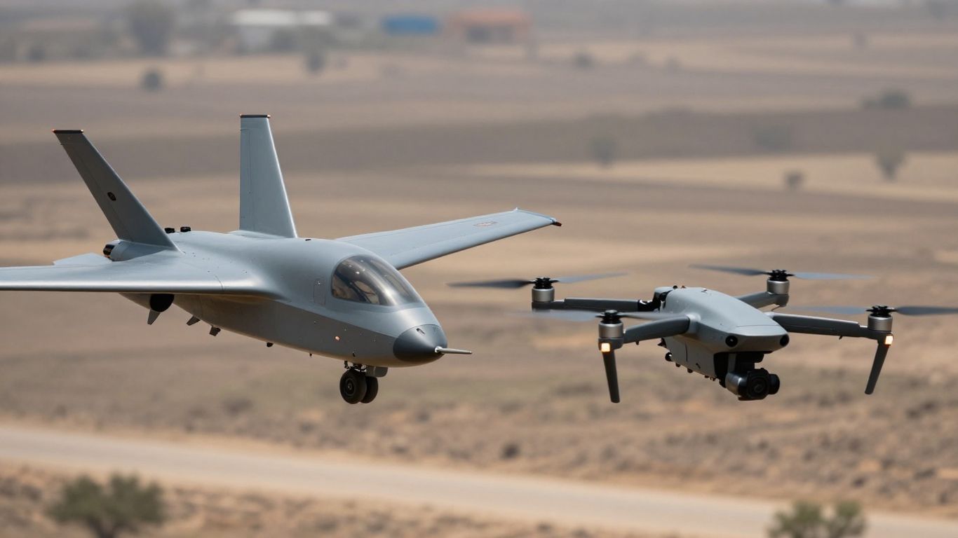 Loitering munition and drone side-by-side aerial view.