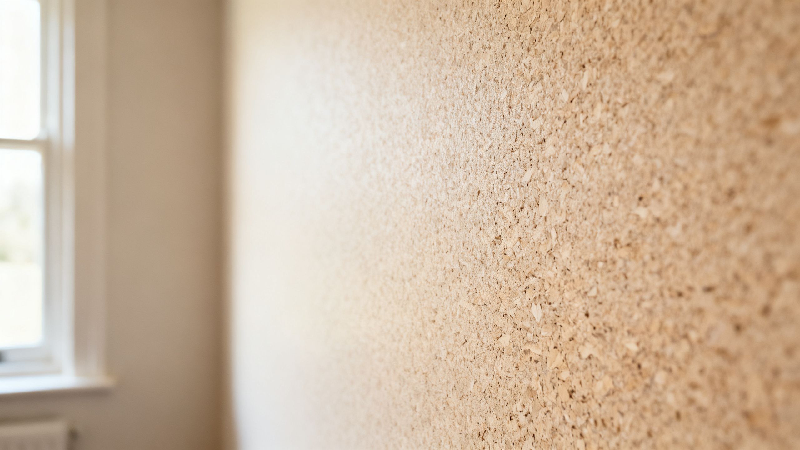 An interior wall in a Bristol home finished with a light-coloured spray cork coating, with its subtle texture visible in natural light