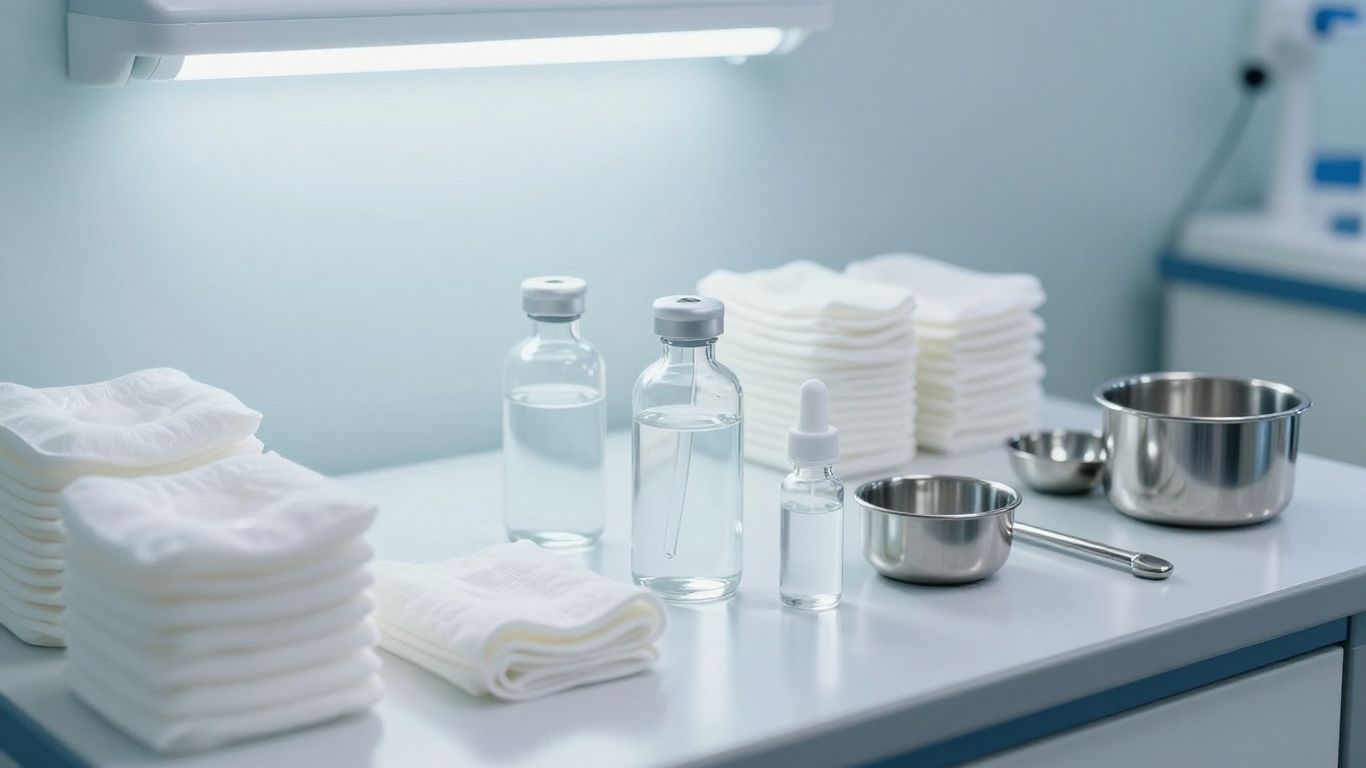A medical setting with sterile supplies and solution bottles.