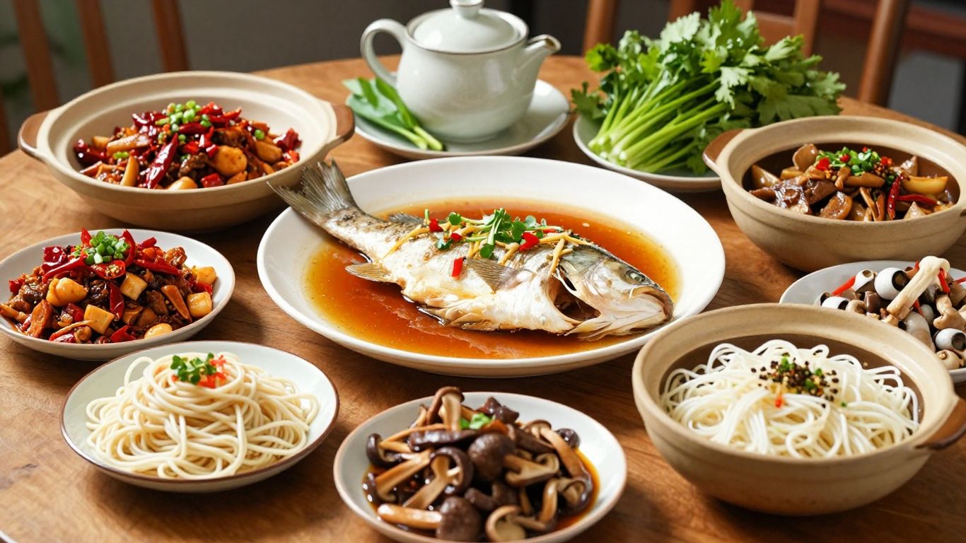 Colorful regional dishes arranged on a Chinese table