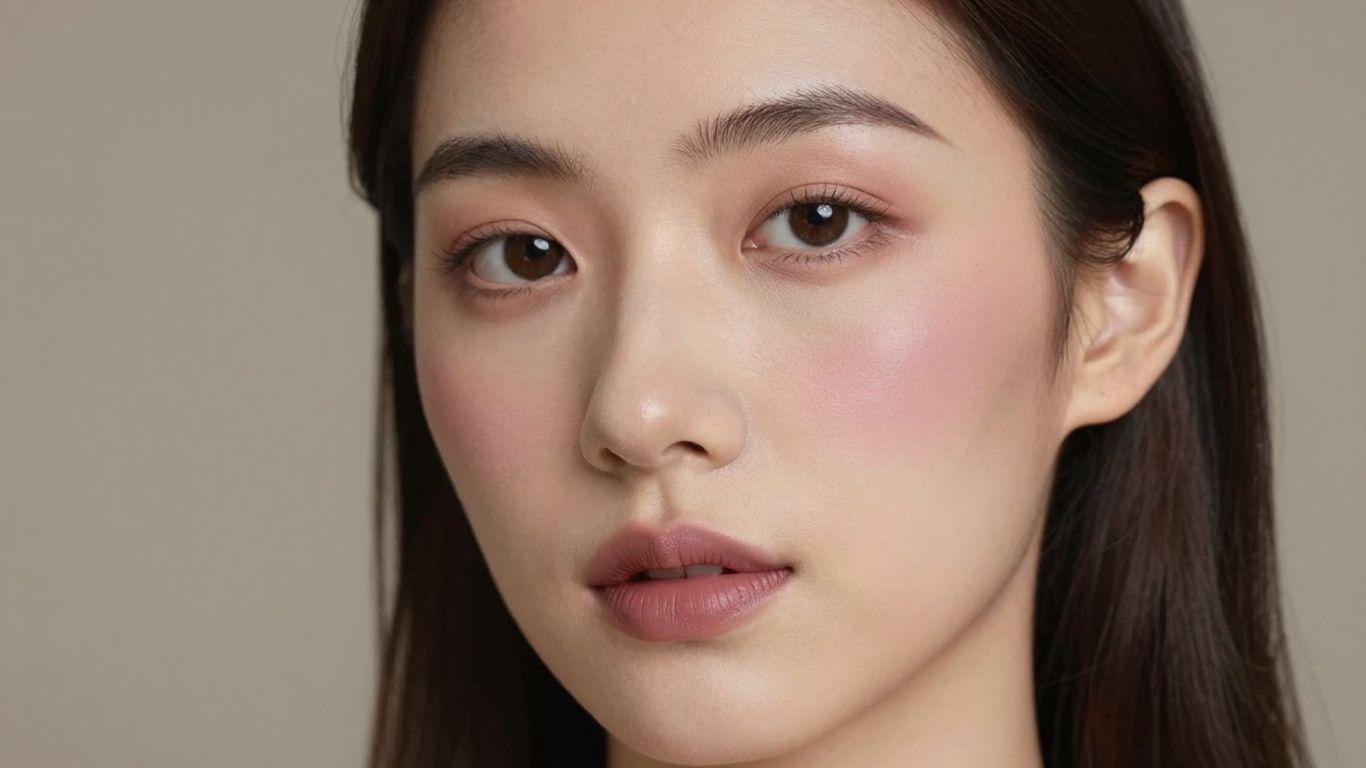 Mauve cream blush blended across olive complexion