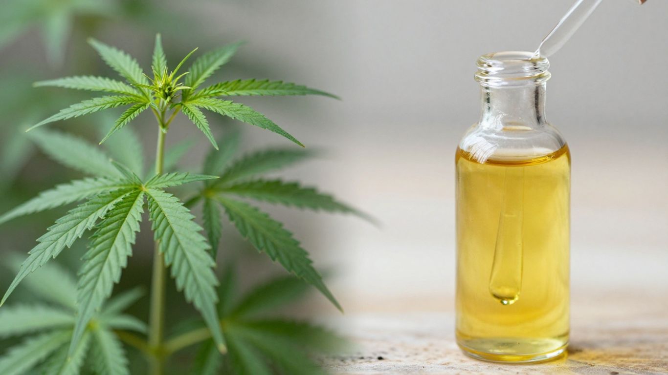 Hemp plant and CBD oil bottle with dropper.