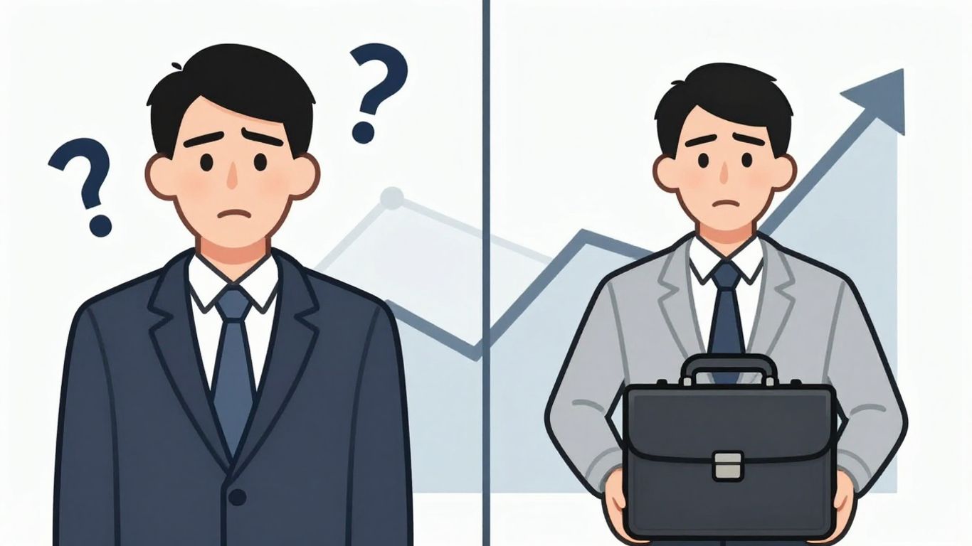 Persona dudando y persona con maletín y tendencia alcista.