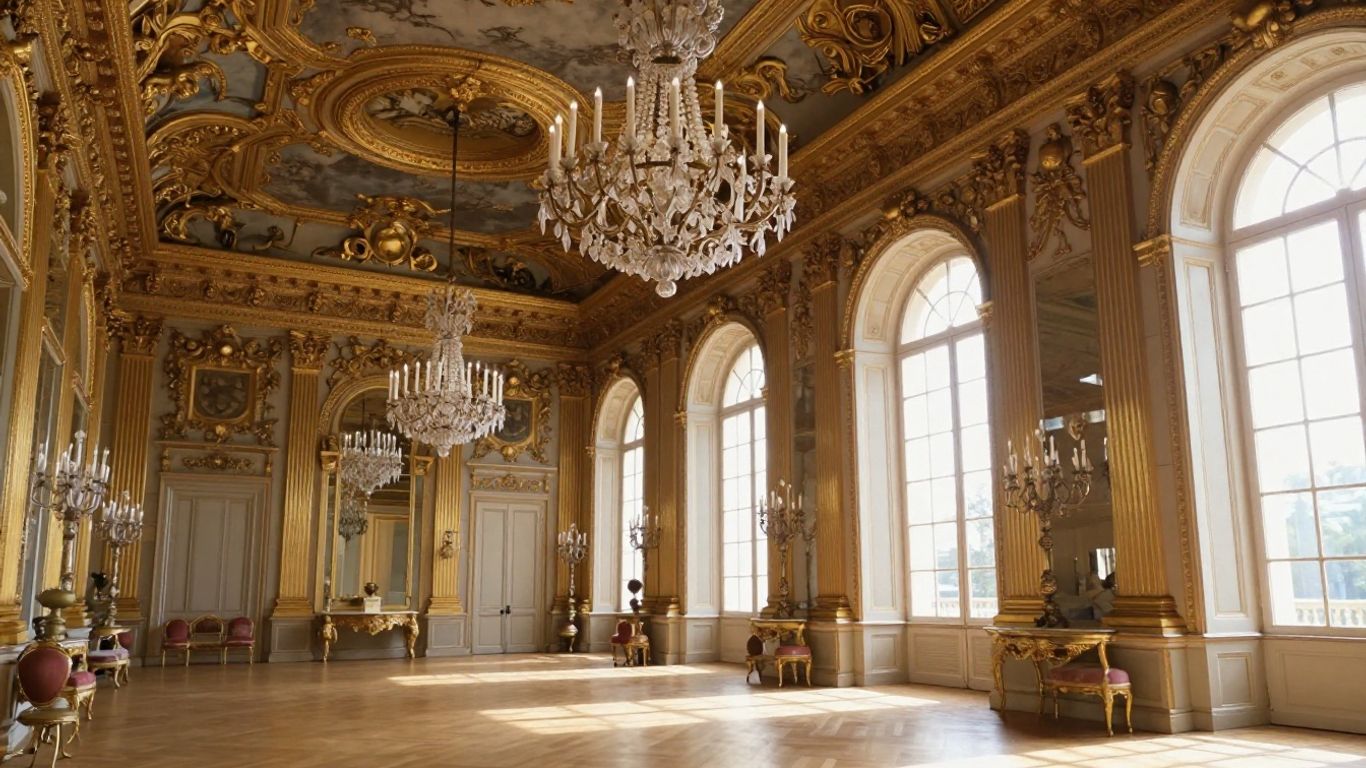 Opulent ballroom interior of Fontainebleau Palace with gilded ceilings.