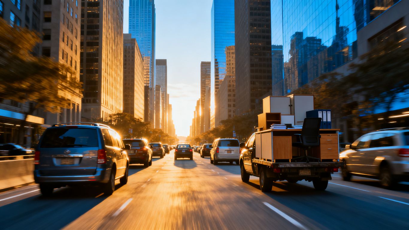 Companies relocating, vehicles leaving city buildings towards a new horizon.