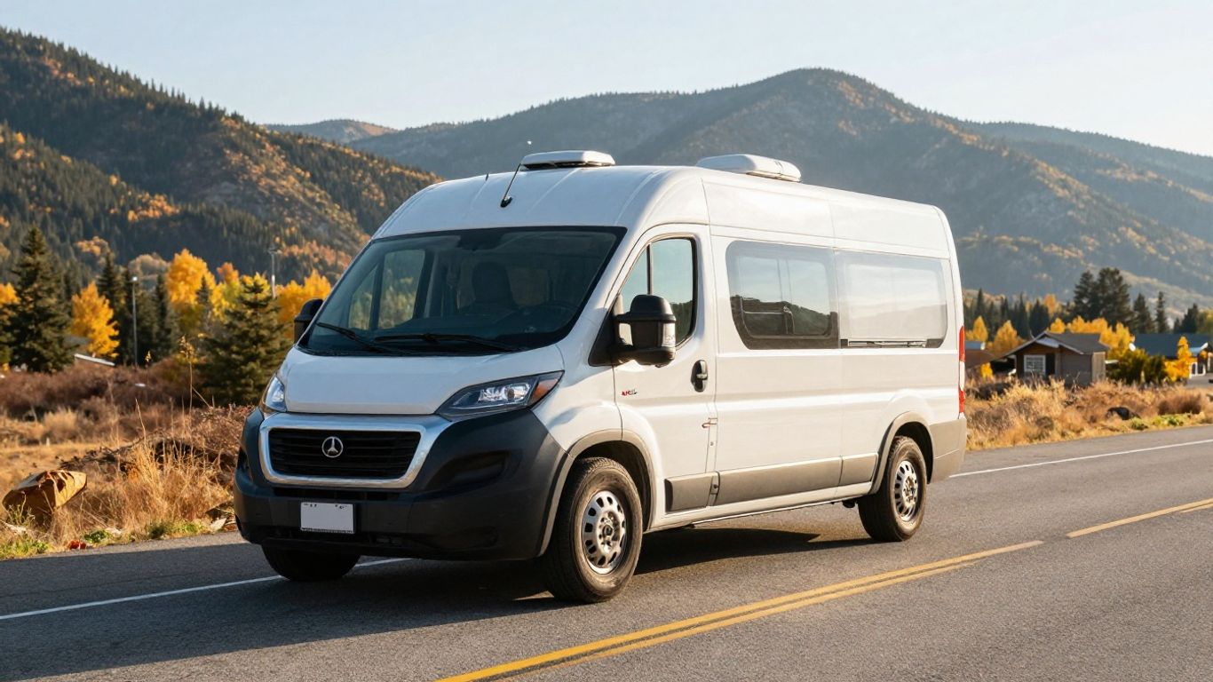 Canadian RV driving on a scenic highway.