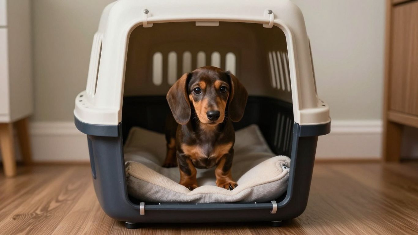 Dachshund puppy settling into a crate