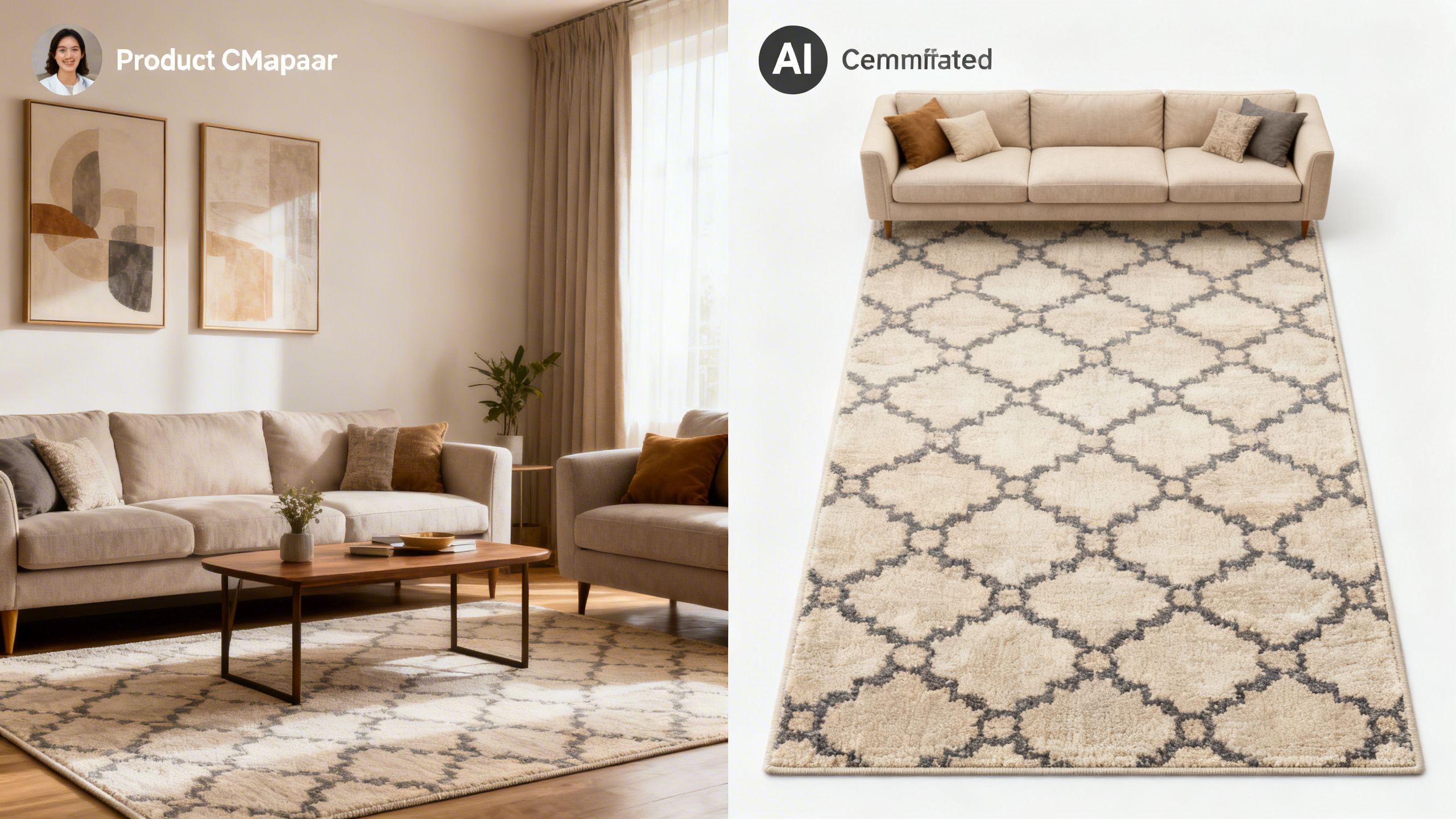 A split-screen image showing a customer's photo of a living room on one side, and a perfectly matching rug recommended by an AI on the other.