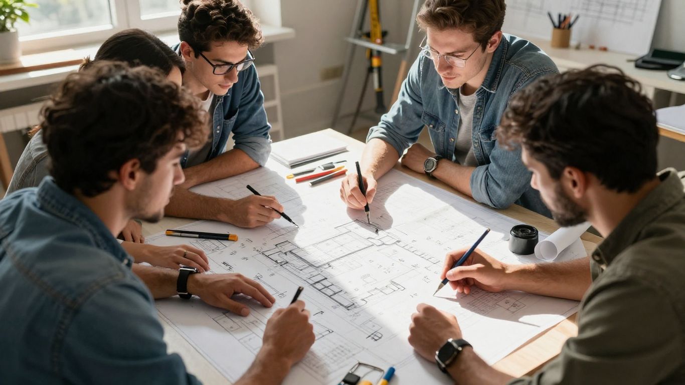 Team working on renovation project blueprint