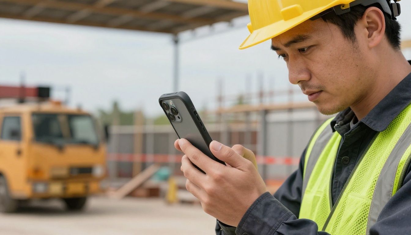 A tradie in high-vis gear checking their iPhone 15 Plus on a construction site, with the phone in a rugged case.