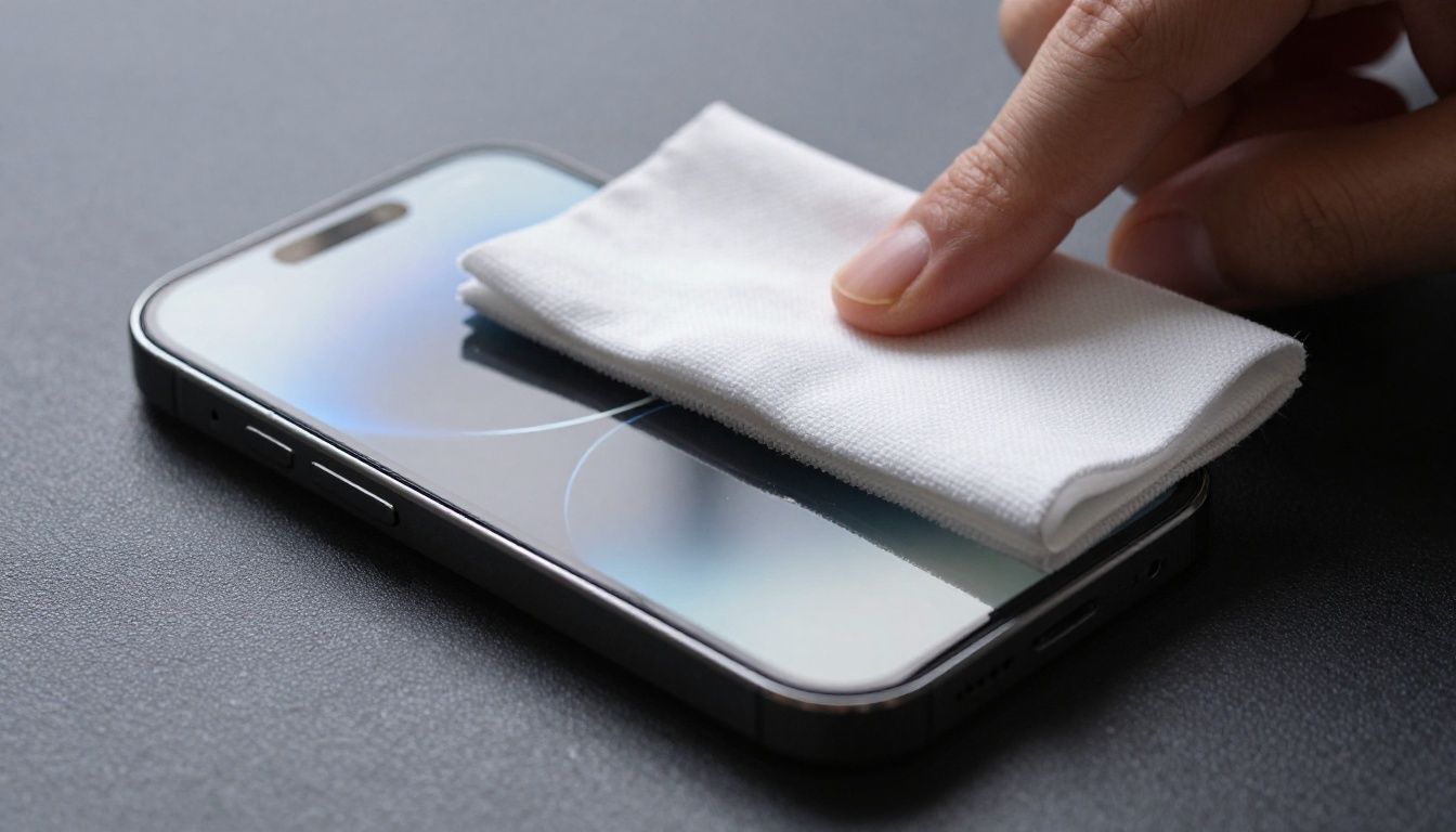 Close-up of an iPhone 15 Pro with a screen protector being wiped clean with a microfibre cloth, showing a pristine, fingerprint-free screen.
