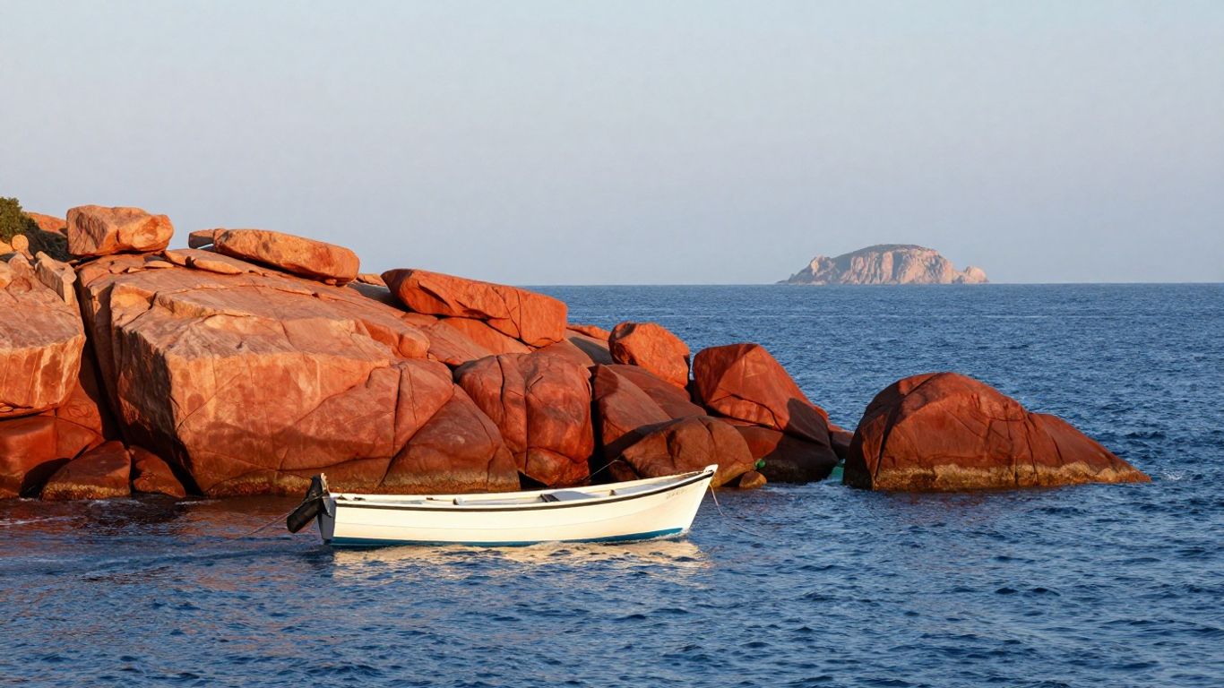 Small excursion boat beneath sunlit red granite cliffs