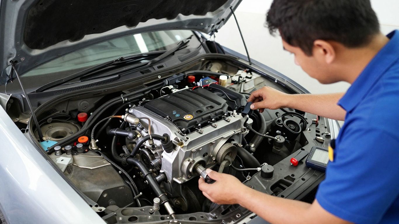 Mechanic inspecting a used Lancer engine